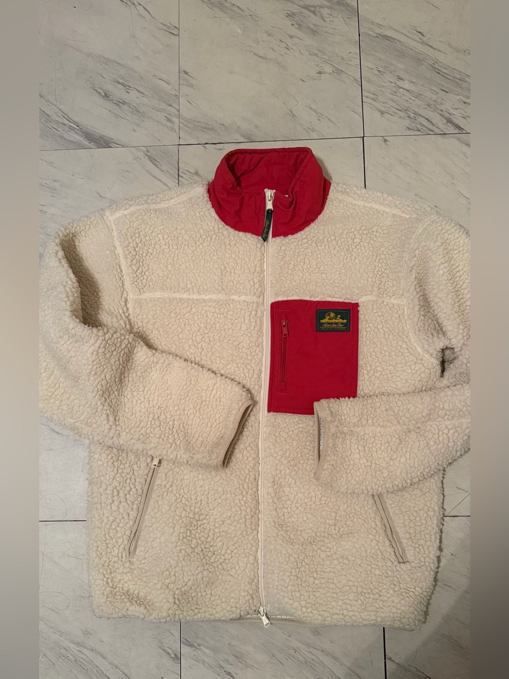 Aime Leon Dore Cream Sherpa Jacket with Red Chest Pocket